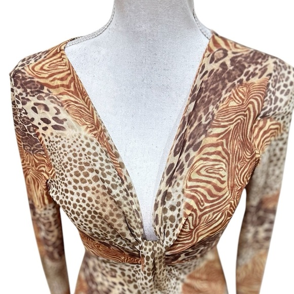 Sweet Pea tonal tan brown animal Print v neck sheer netting blouse top sz large - Picture 4 of 9